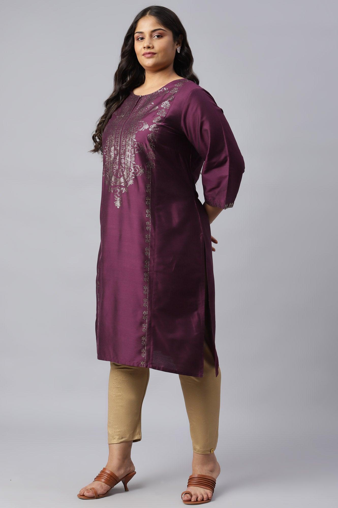 Plus Size Pink Mukaish Placement Print kurta - wforwoman