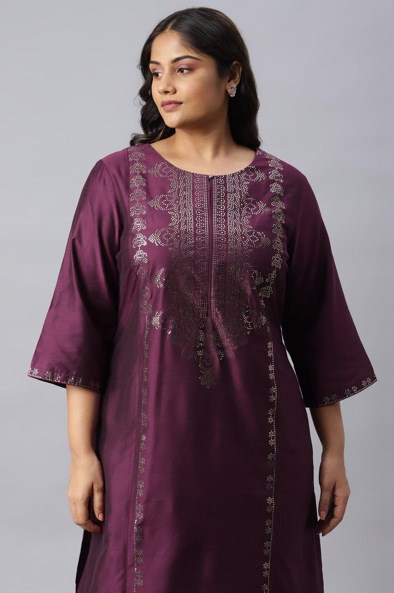 Plus Size Pink Mukaish Placement Print kurta - wforwoman