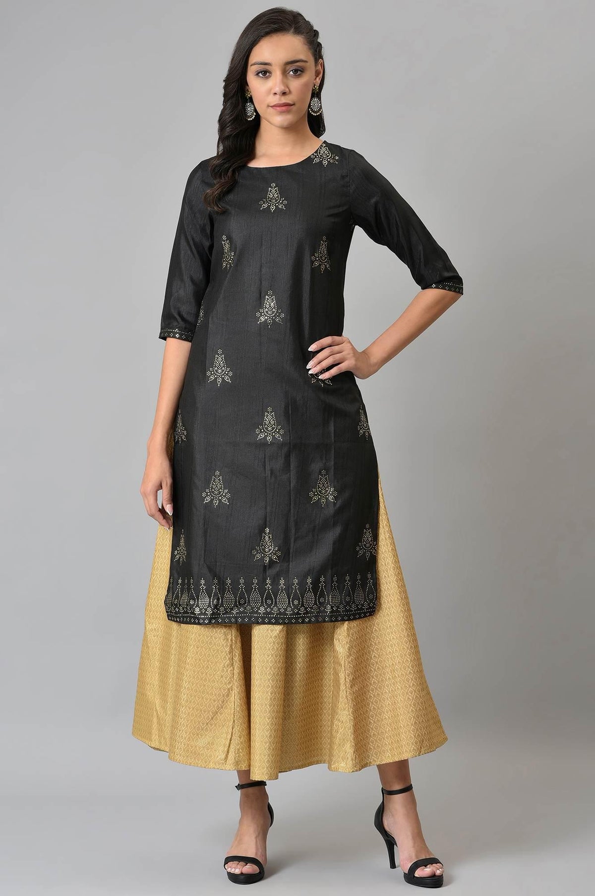 Black Mukaish Printed A-Line kurta - XS