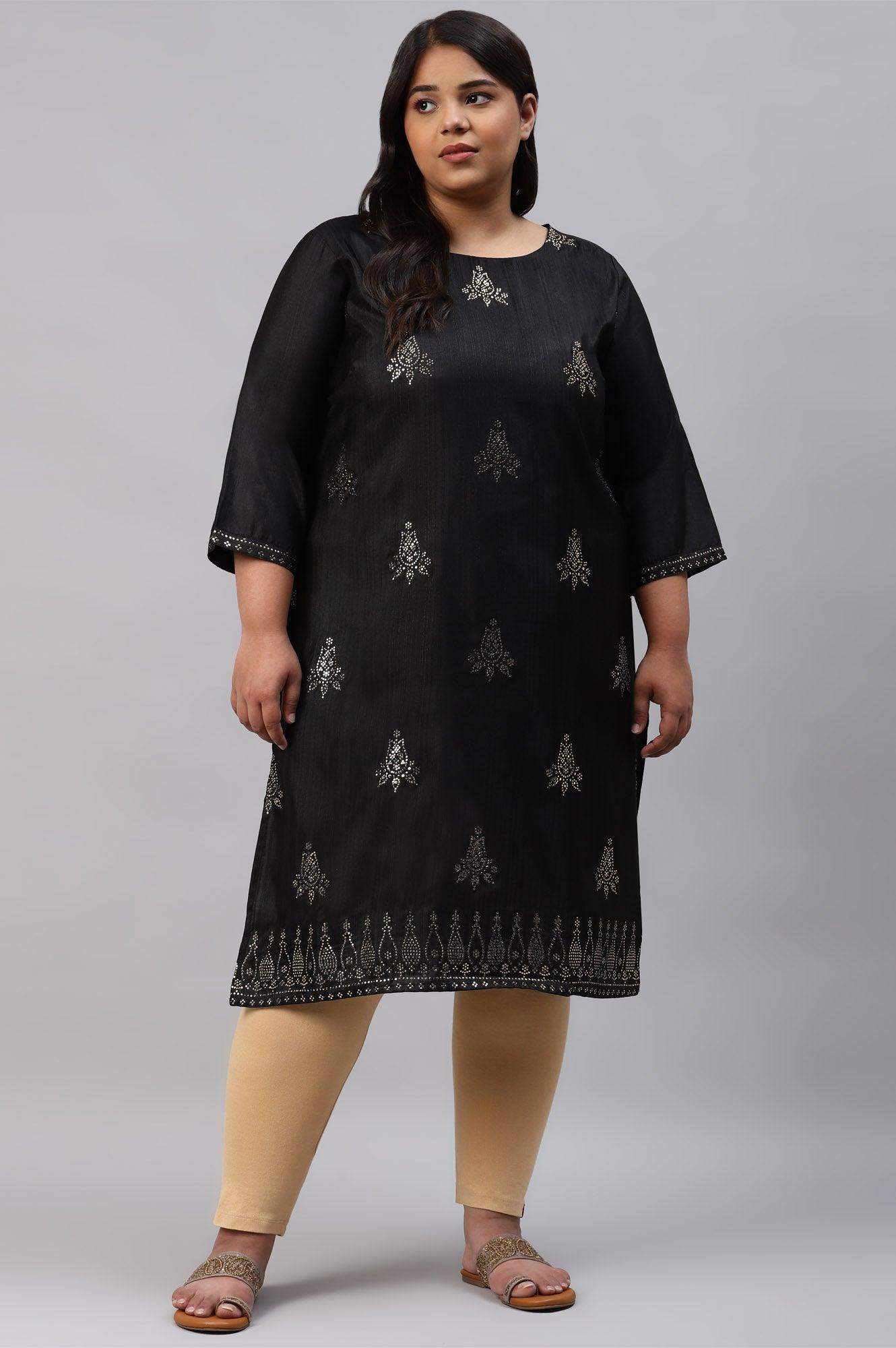 Black Mukaish Printed A-Line Plus Size kurta - wforwoman