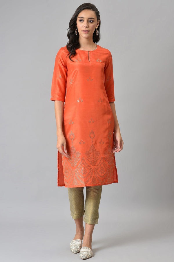 Orange Mukaish Printed kurta