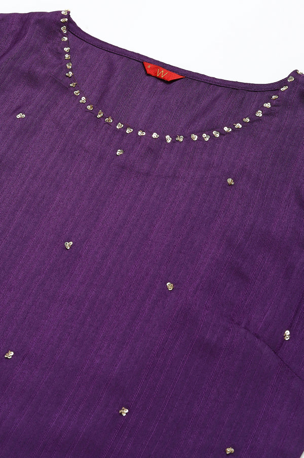 Deep Purple Solid Sequinned Viscose Straight Kurta