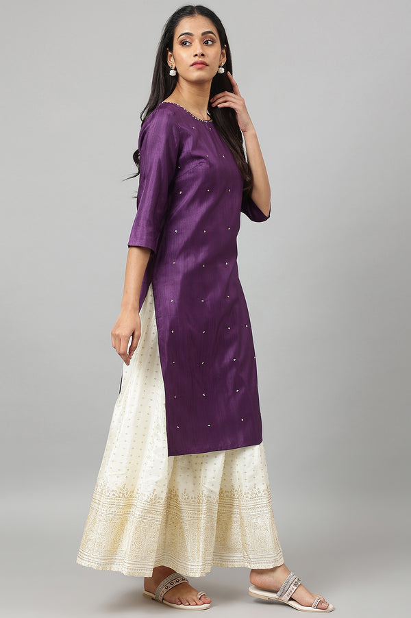 Deep Purple Solid Sequinned Viscose Straight Kurta