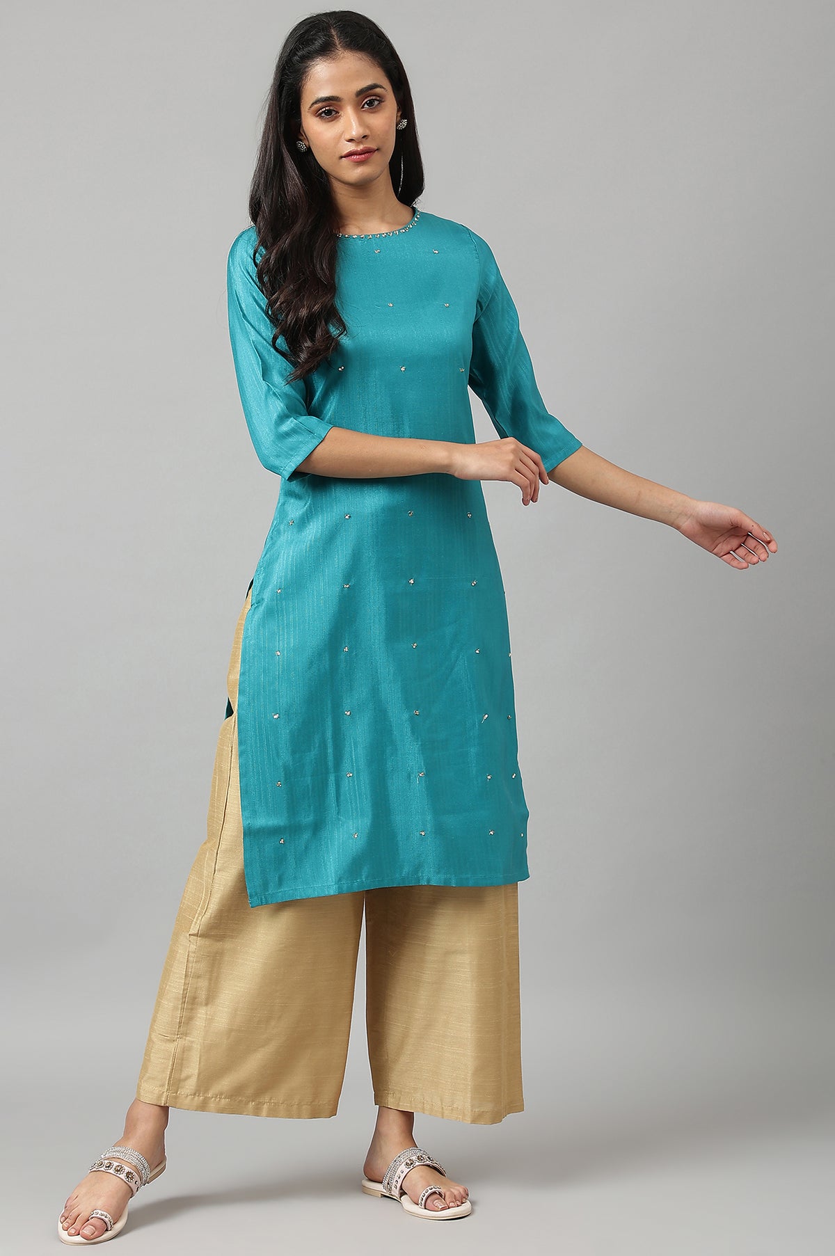 Teal Straight kurta With Sequin Highlight - S