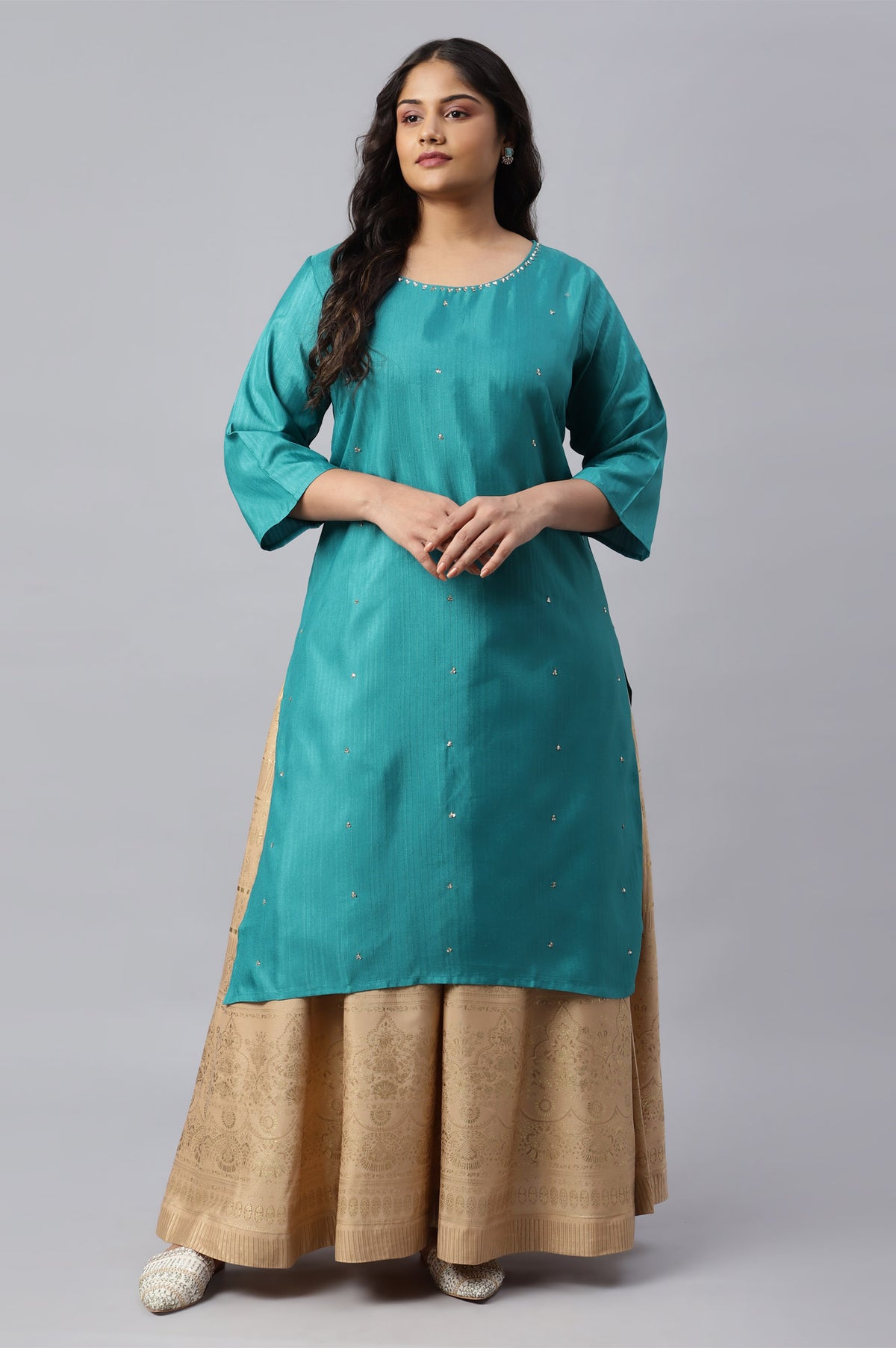 Teal Straight Plus Size kurta With Sequin Highlight - 20
