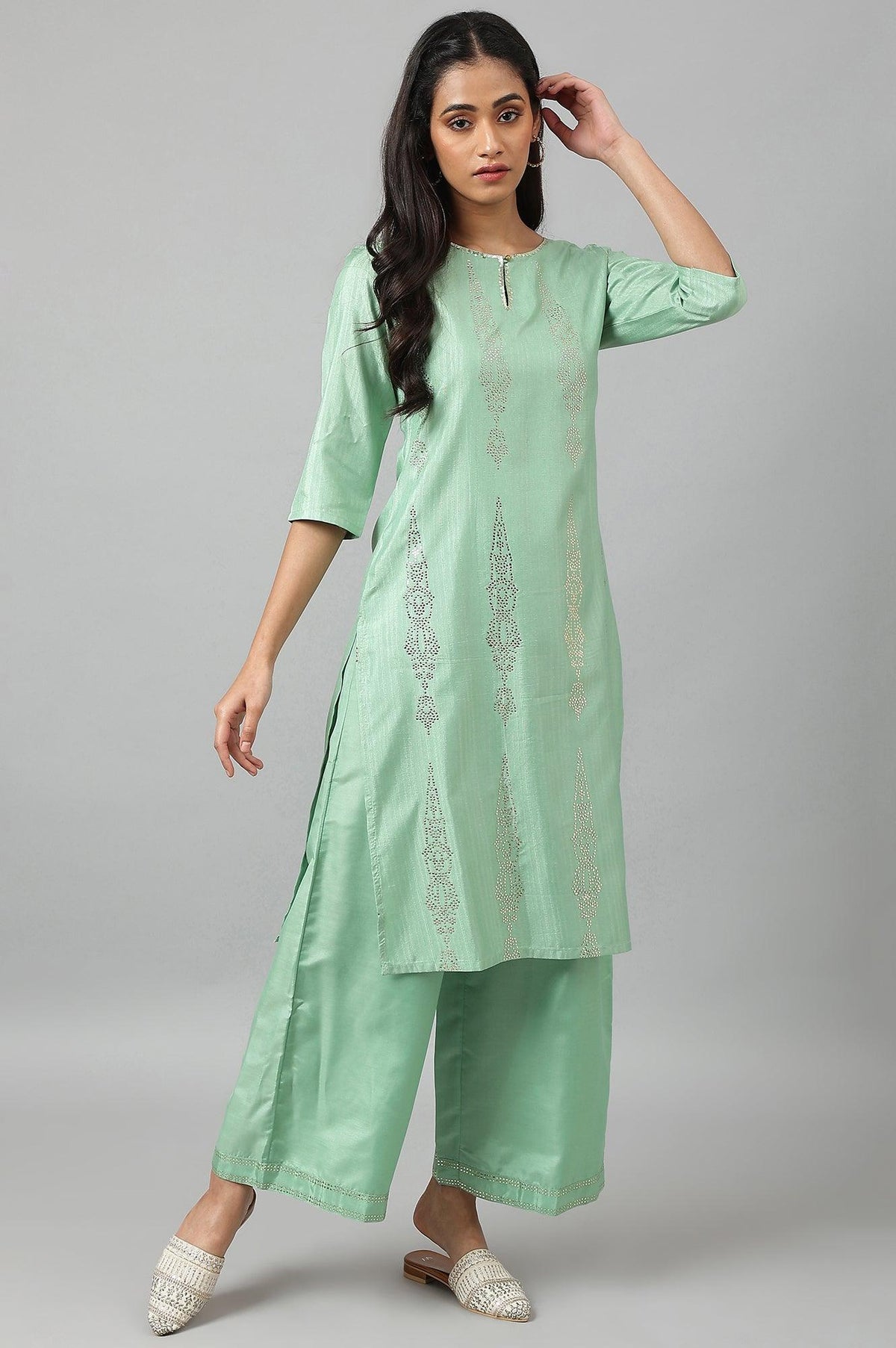 Pistachio Green Mukaish Printed kurta - XS