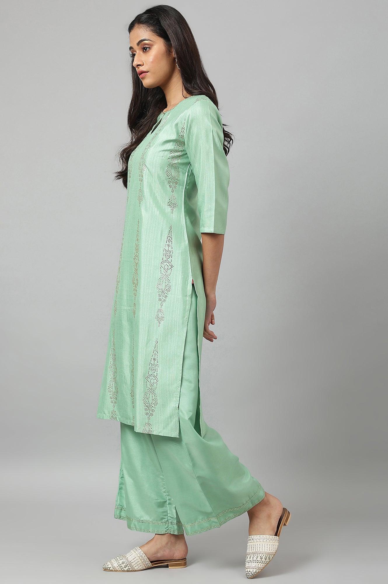 Pistachio Green Mukaish Printed kurta - wforwoman