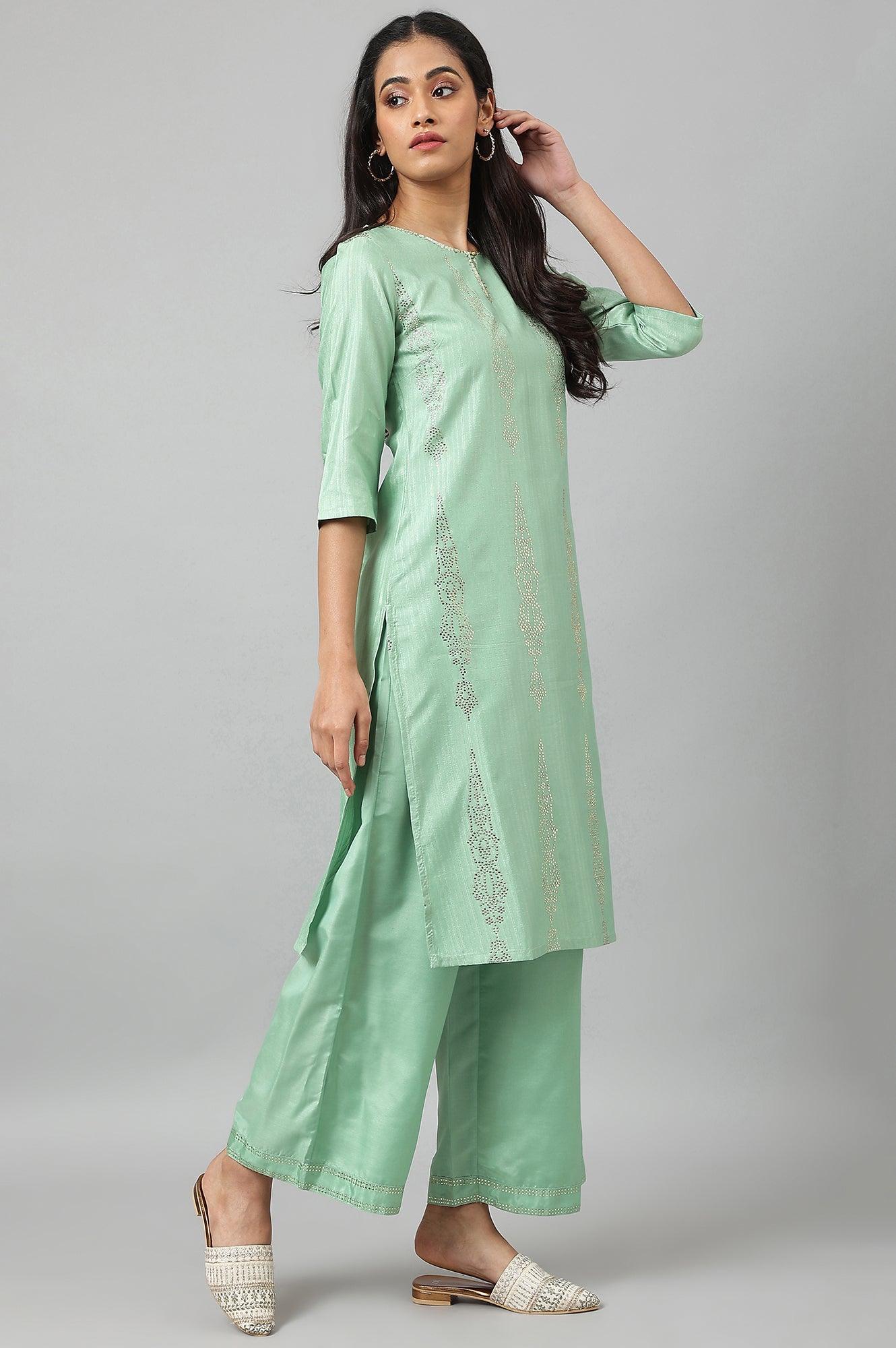 Pistachio Green Mukaish Printed kurta - wforwoman