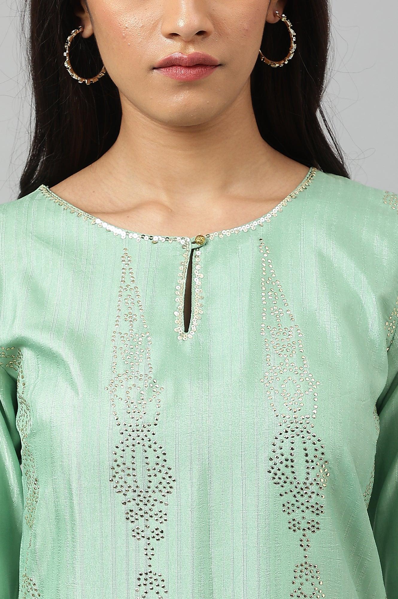 Pistachio Green Mukaish Printed kurta - wforwoman