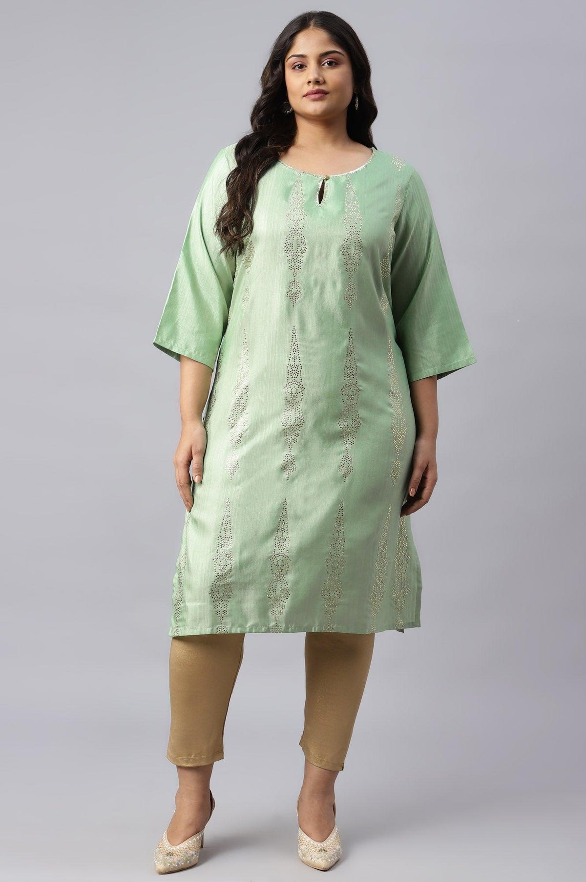 Pistachio Green Mukaish Printed Plus Size kurta - 20