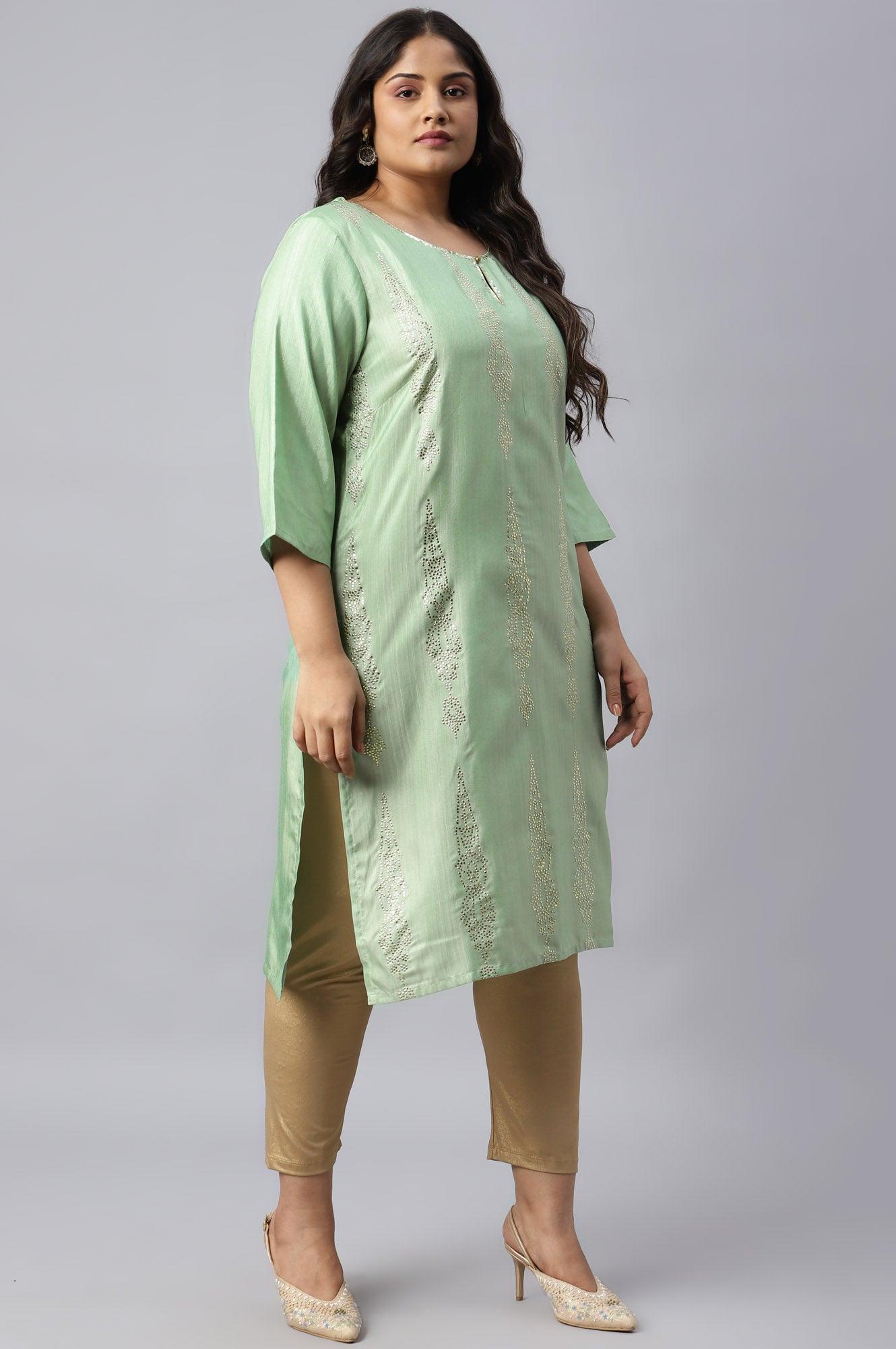 Pistachio Green Mukaish Printed Plus Size kurta - wforwoman
