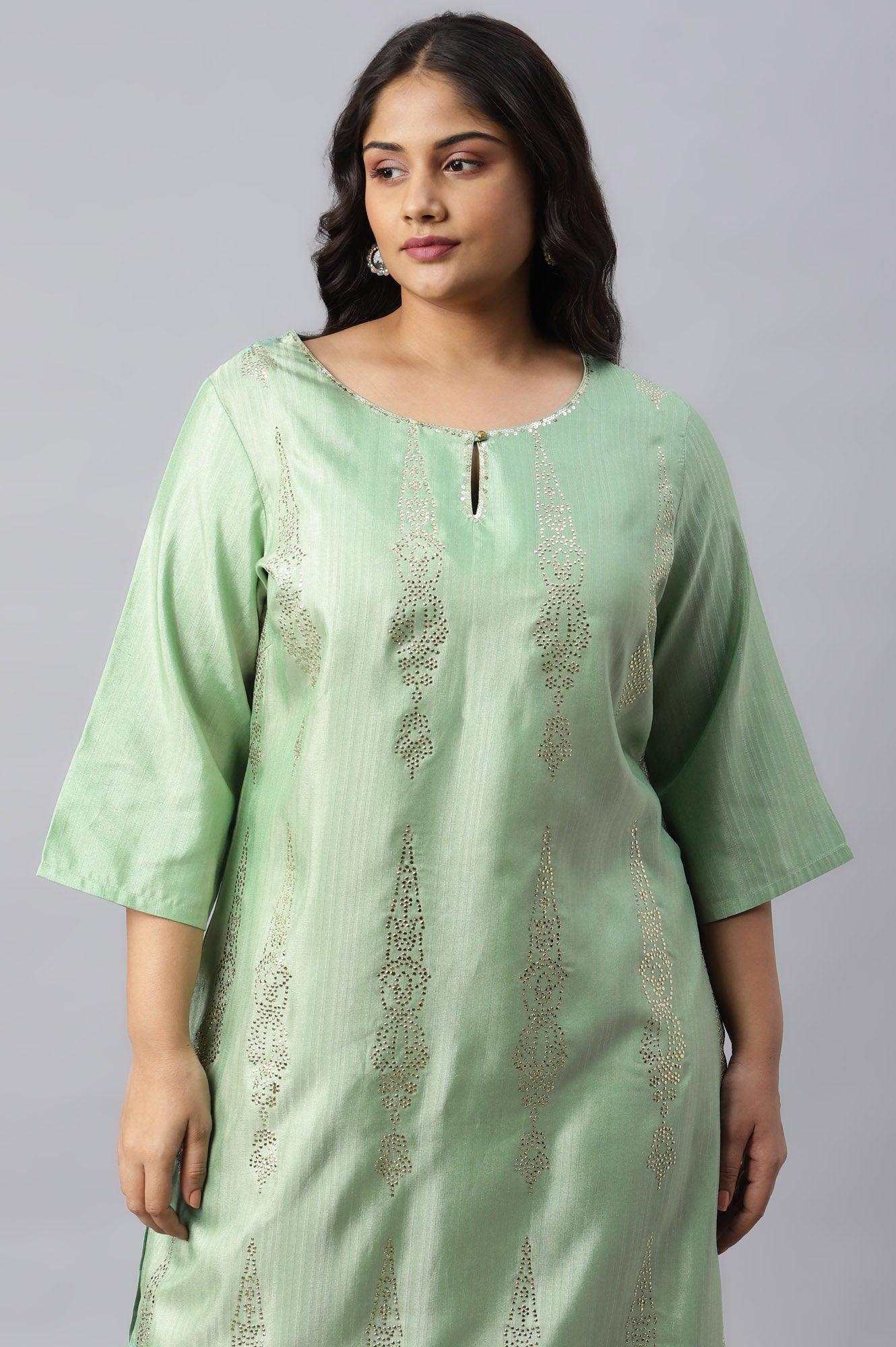 Pistachio Green Mukaish Printed Plus Size kurta - wforwoman