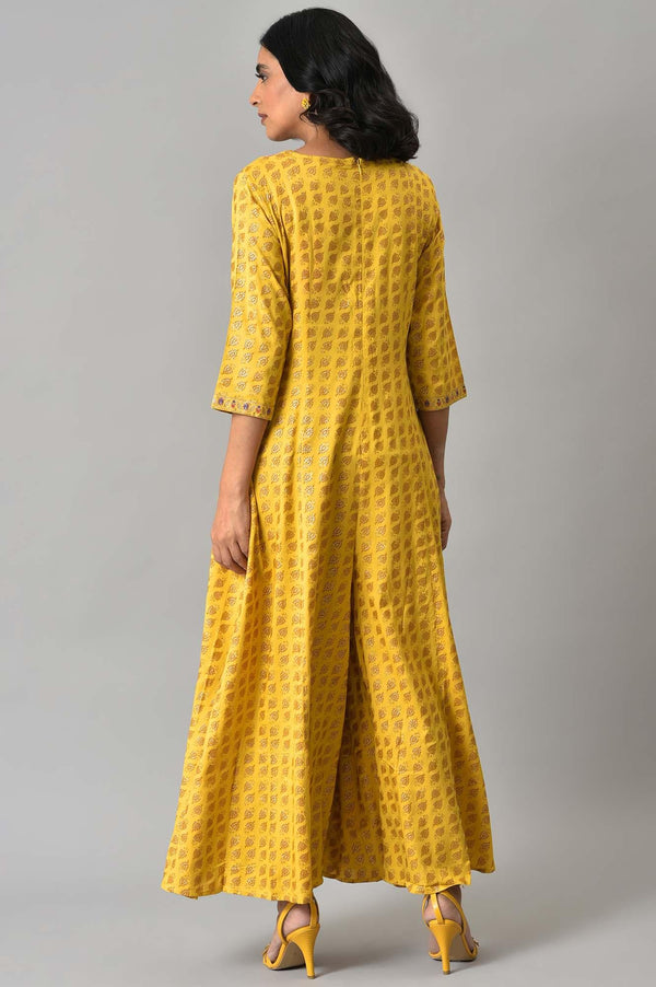 Yellow Glitter Printed Mock Layered Embellished Jumpsuit