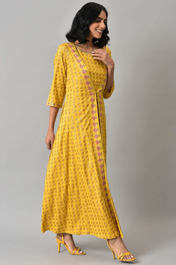 Yellow Glitter Printed Mock Layered Embellished Jumpsuit
