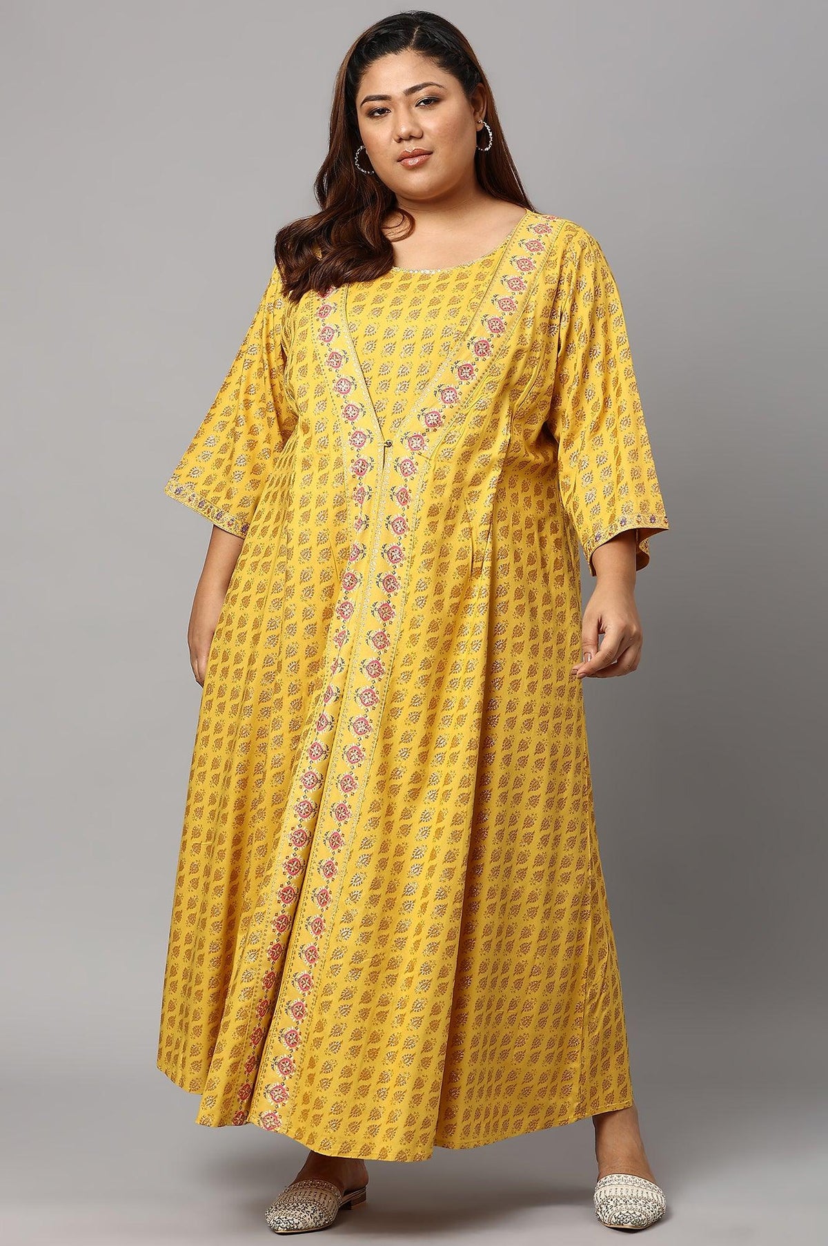 Yellow Glitter Printed Mock Layered Embellished Plus Size Kimono Jumpsuit - 4XL