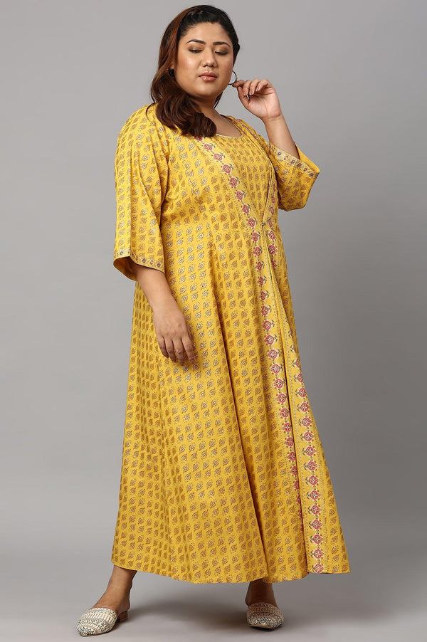 Yellow Glitter Printed Mock Layered Embellished Plus Size Kimono Jumpsuit