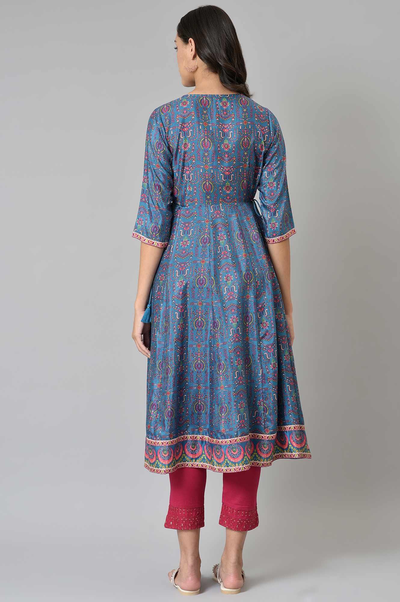 Deep Blue Printed And Embroidered kurta - wforwoman