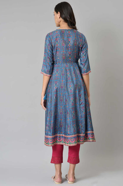 Deep Blue Printed And Embroidered kurta - wforwoman