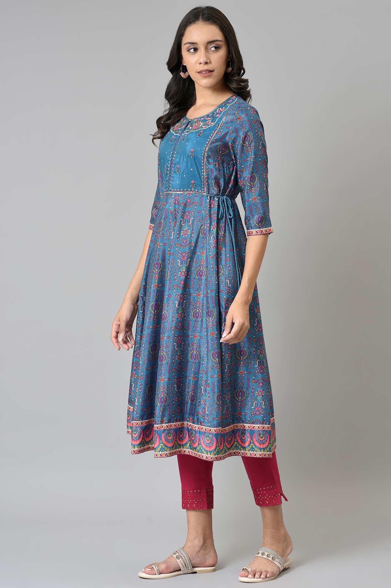 Deep Blue Printed And Embroidered kurta - wforwoman