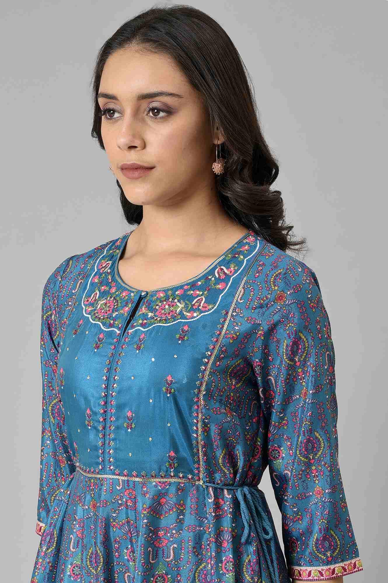 Deep Blue Printed And Embroidered kurta - wforwoman