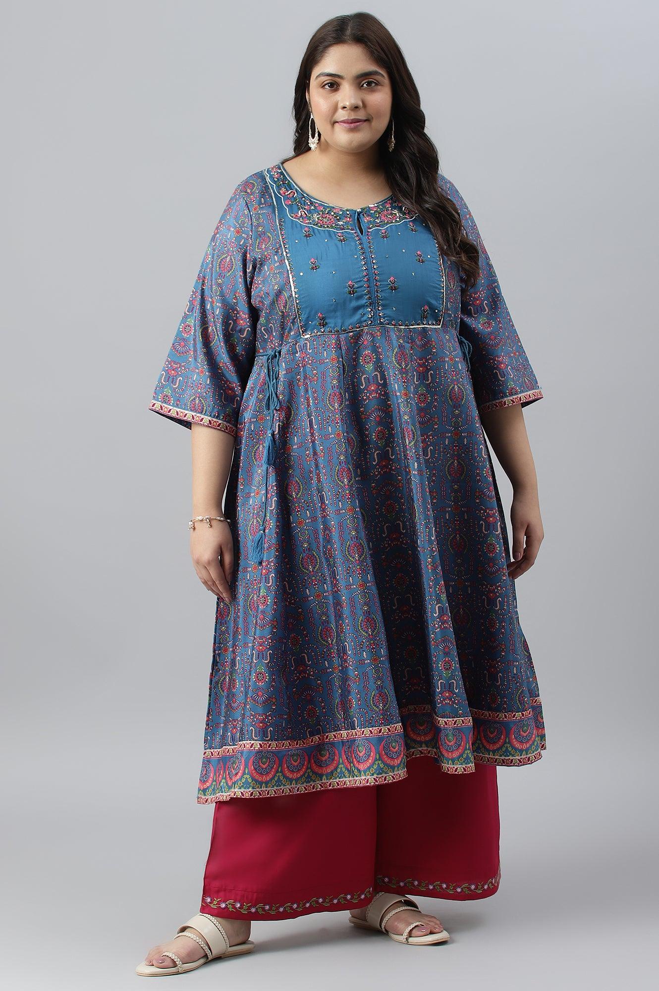 Deep Blue Printed And Embroidered Plus Size kurta - wforwoman