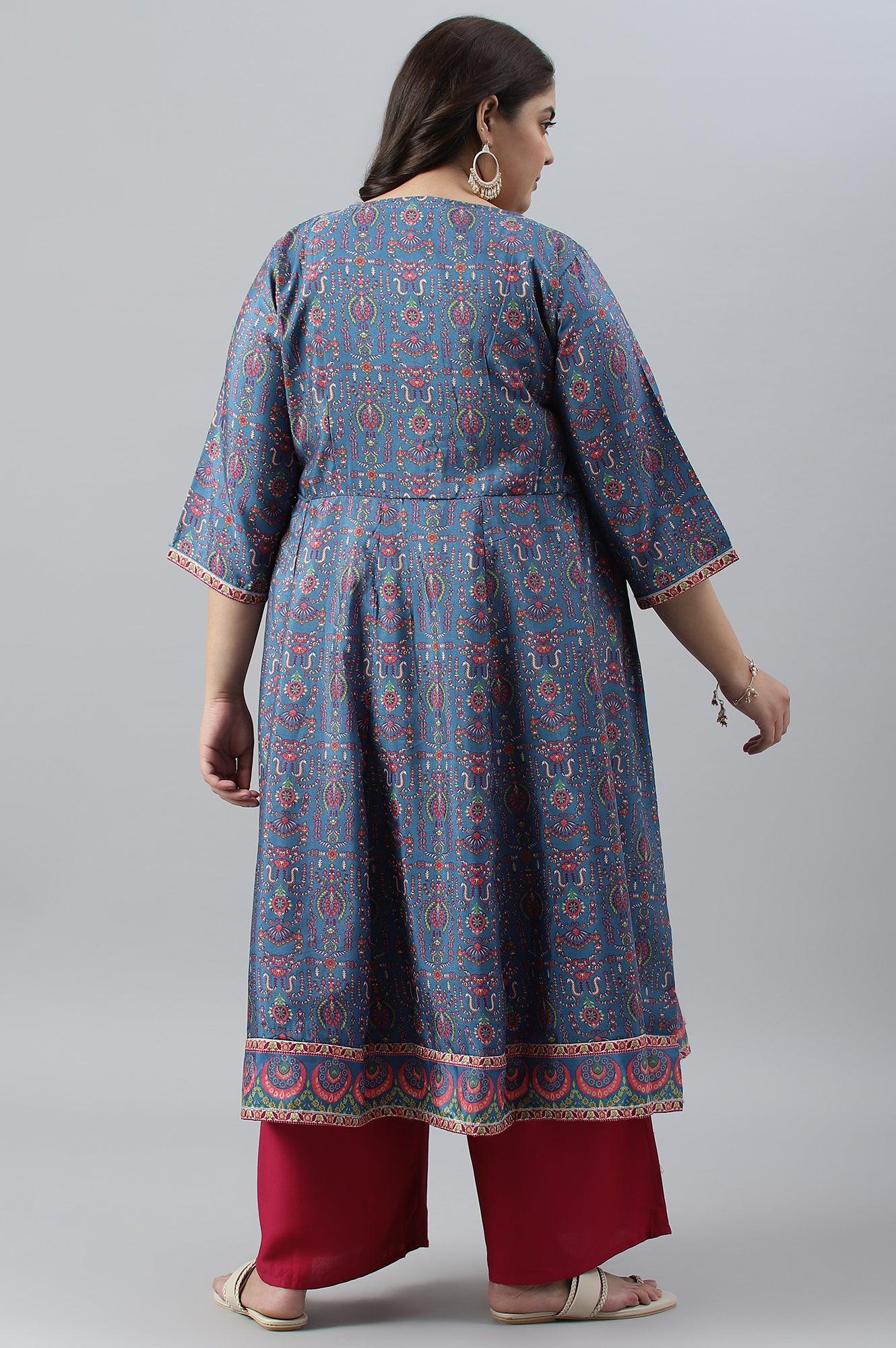 Deep Blue Printed And Embroidered Plus Size kurta - wforwoman