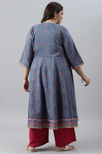 Deep Blue Printed And Embroidered Plus Size kurta - wforwoman