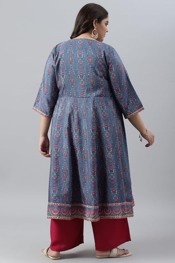 Deep Blue Printed And Embroidered Plus Size kurta