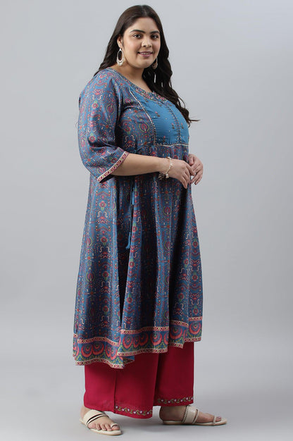 Deep Blue Printed And Embroidered Plus Size kurta - wforwoman