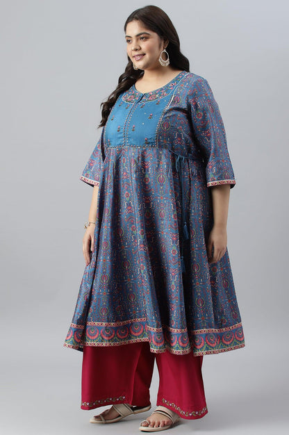 Deep Blue Printed And Embroidered Plus Size kurta - wforwoman