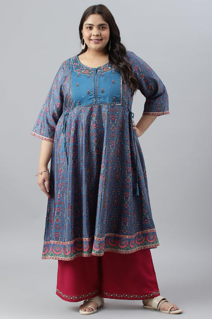 Deep Blue Printed And Embroidered Plus Size kurta - wforwoman