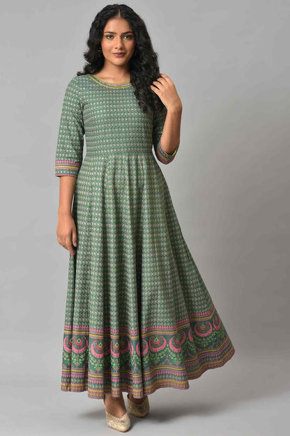 Leaf Green Glitter Printed Kalidar Dress - wforwoman