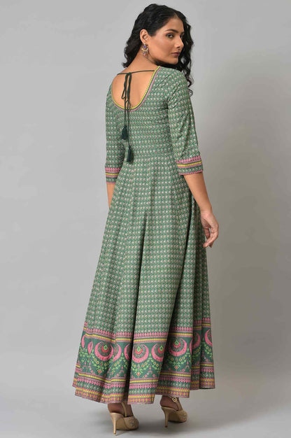 Leaf Green Glitter Printed Kalidar Dress - wforwoman