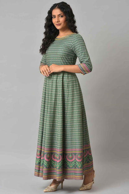 Leaf Green Glitter Printed Kalidar Dress - wforwoman
