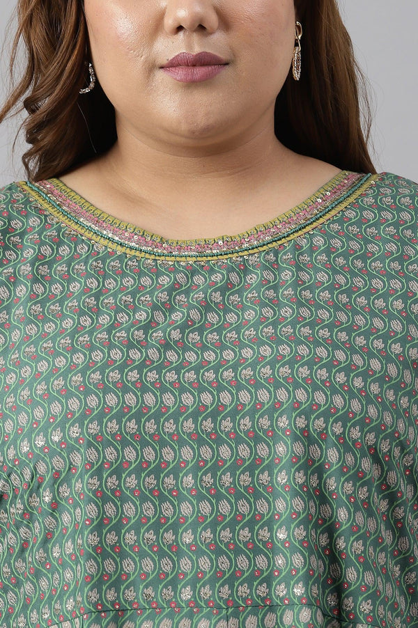Leaf Green Glitter Printed Kalidar Plus Size Dress