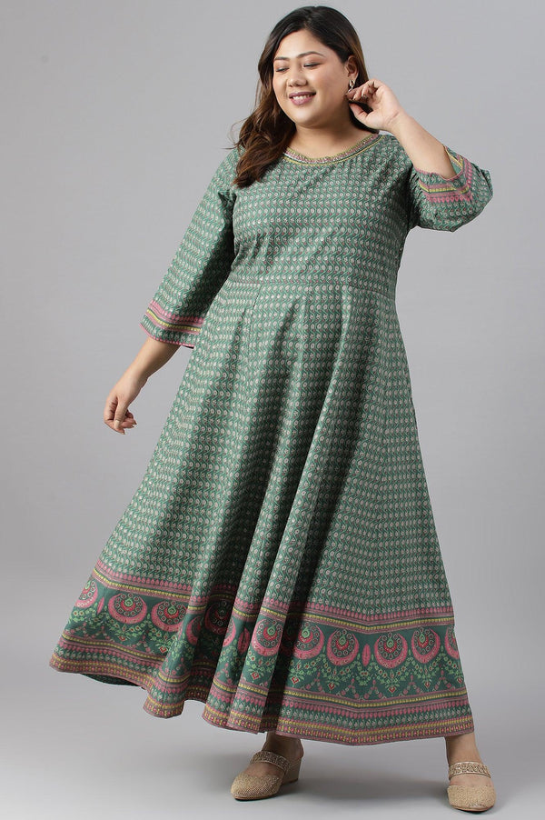 Leaf Green Glitter Printed Kalidar Plus Size Dress