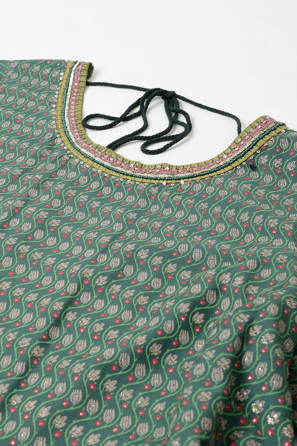 Leaf Green Glitter Printed Kalidar Plus Size Dress