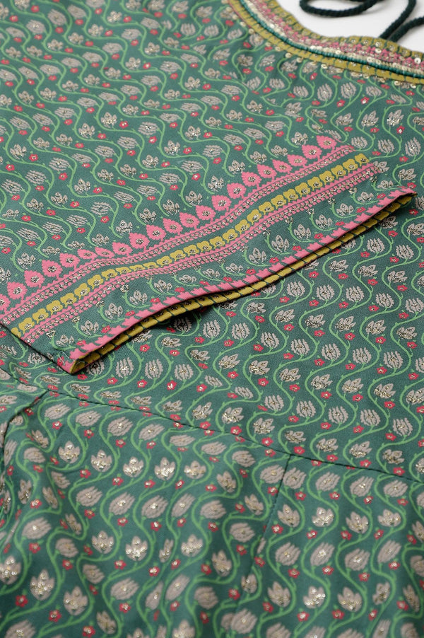 Leaf Green Glitter Printed Kalidar Plus Size Dress