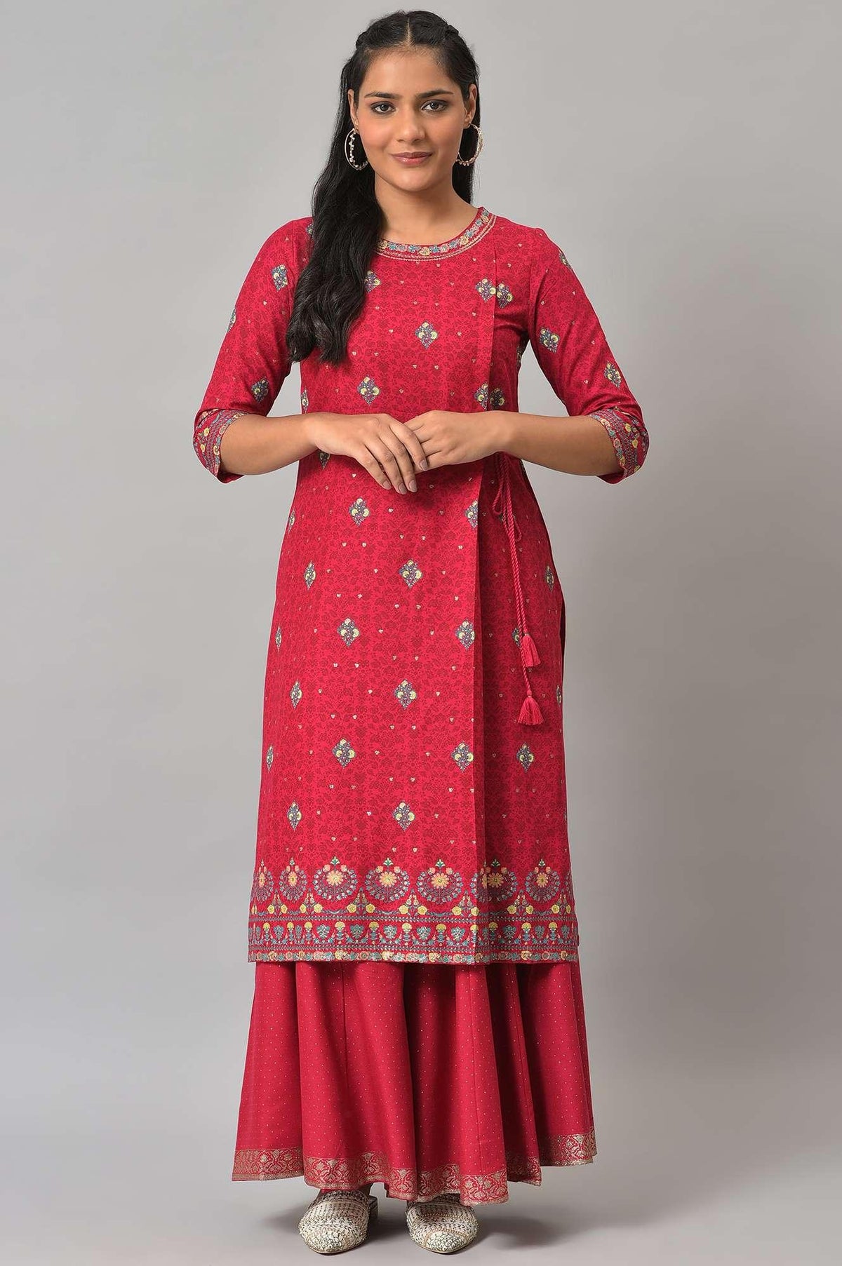 Fuchsia Pink Floral Printed kurta With Sequins - XS