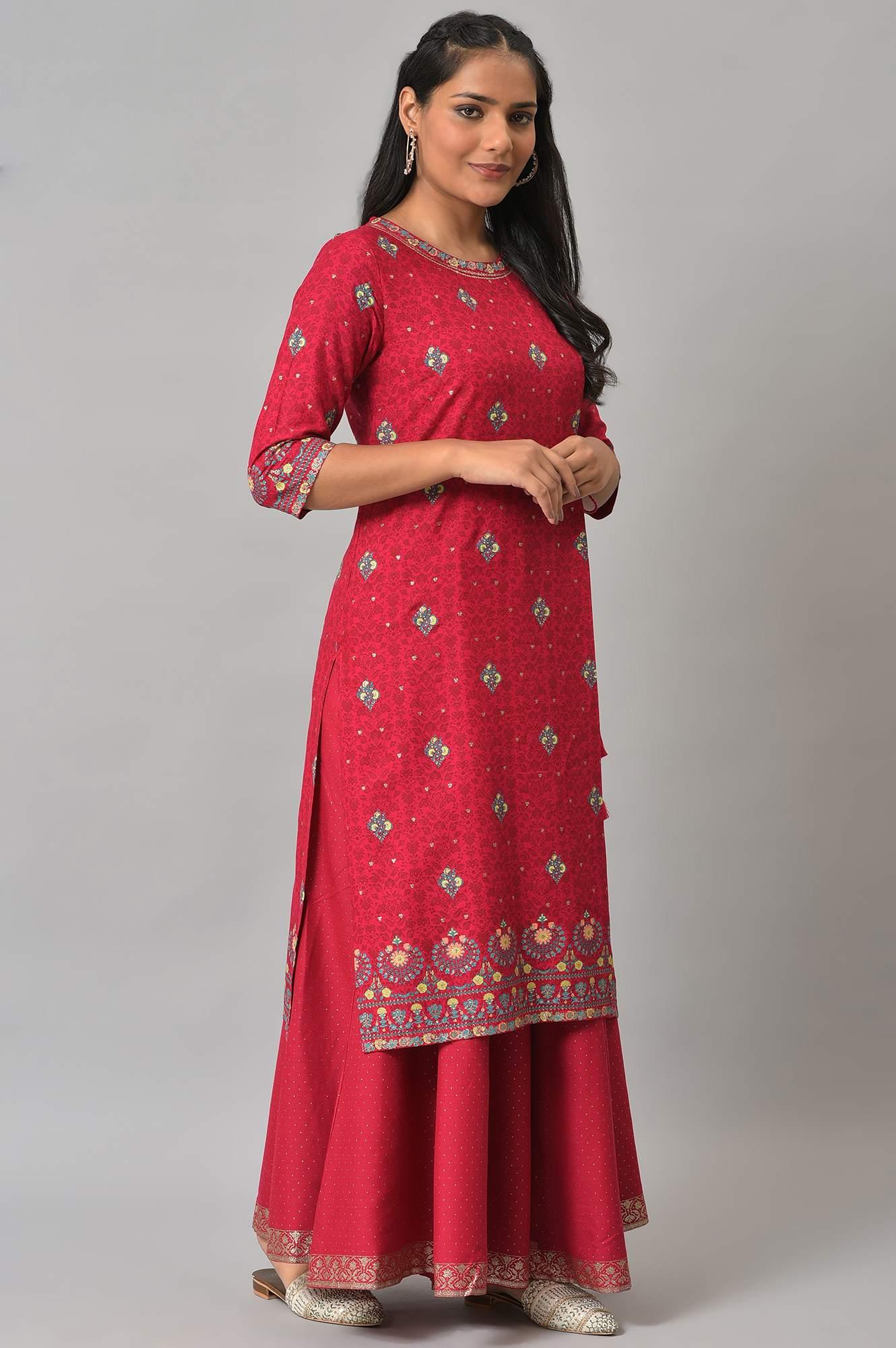 Fuchsia Pink Floral Printed kurta With Sequins - wforwoman