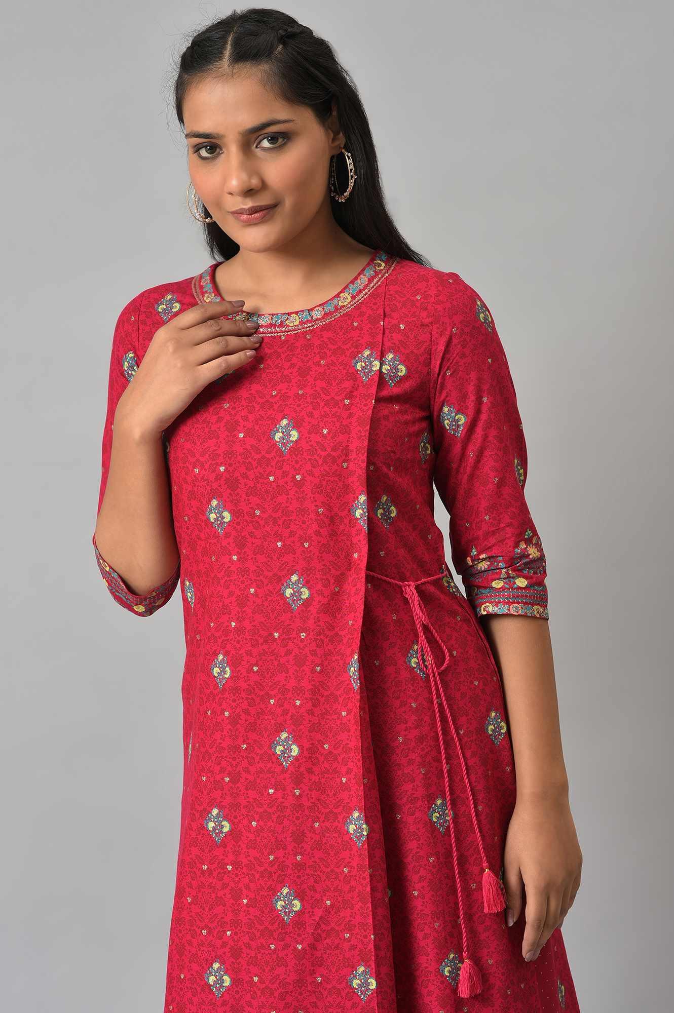 Fuchsia Pink Floral Printed kurta With Sequins - wforwoman