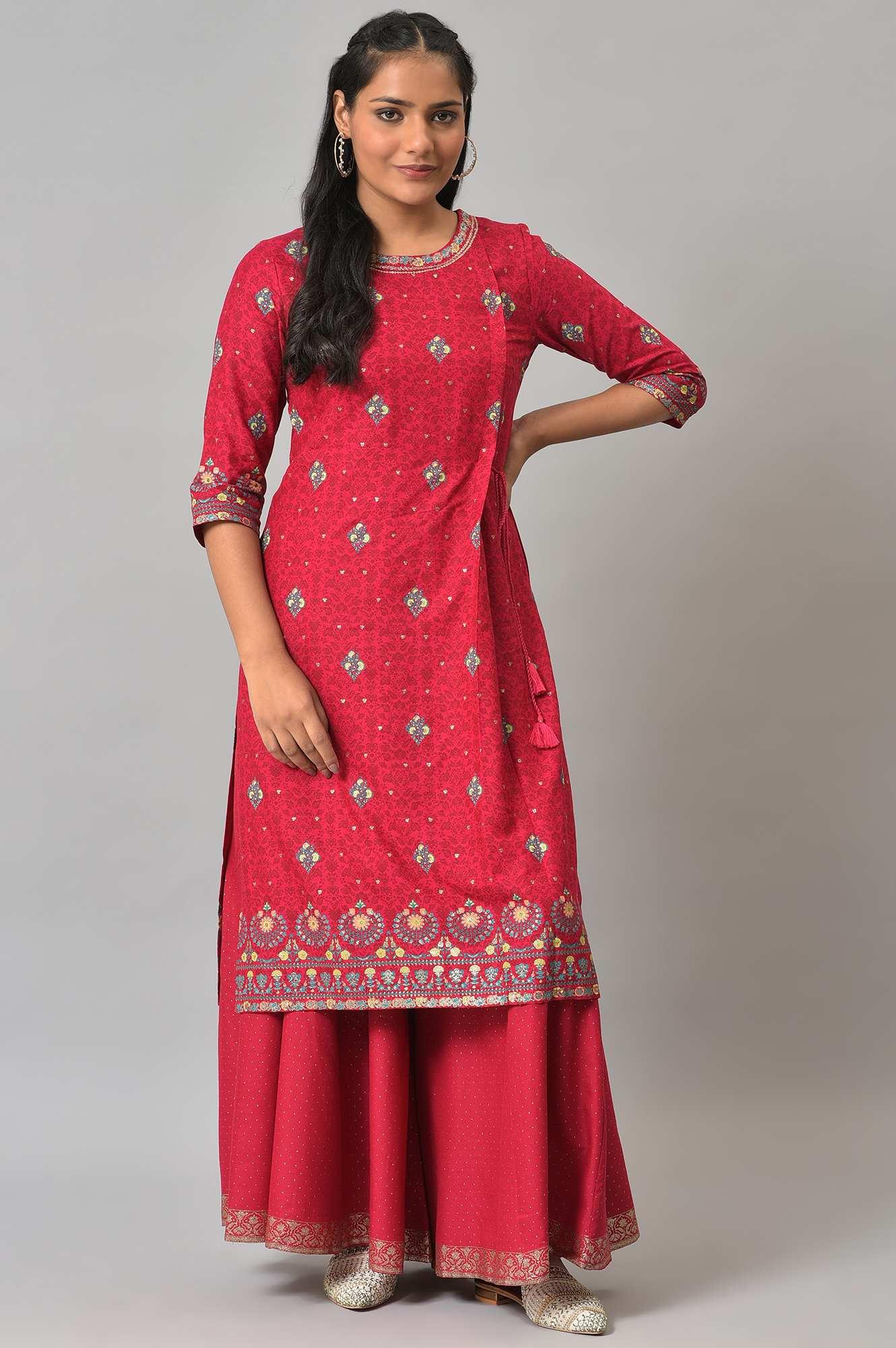 Fuchsia Pink Floral Printed kurta With Sequins - wforwoman