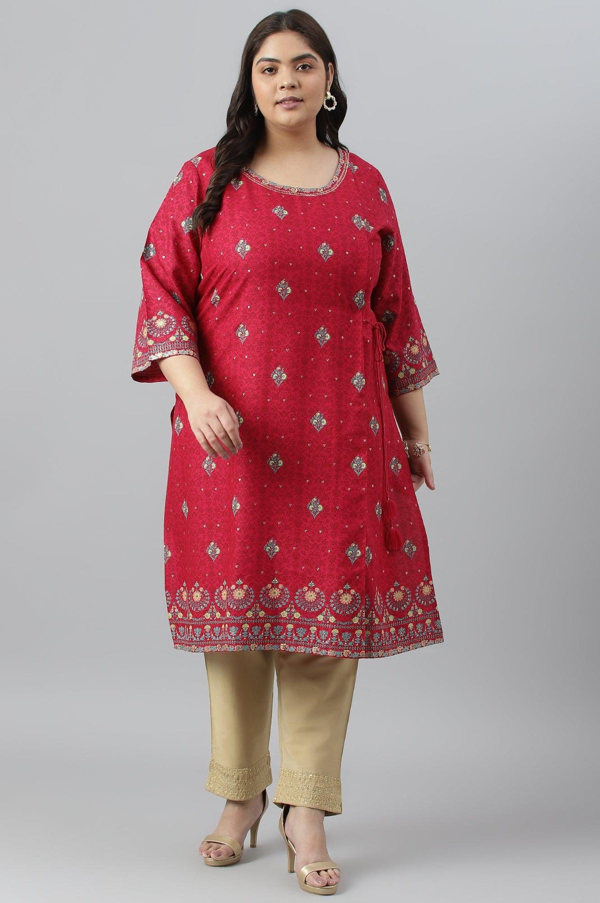 Fuchsia Pink Floral Printed Plus Size kurta With Sequins - XS
