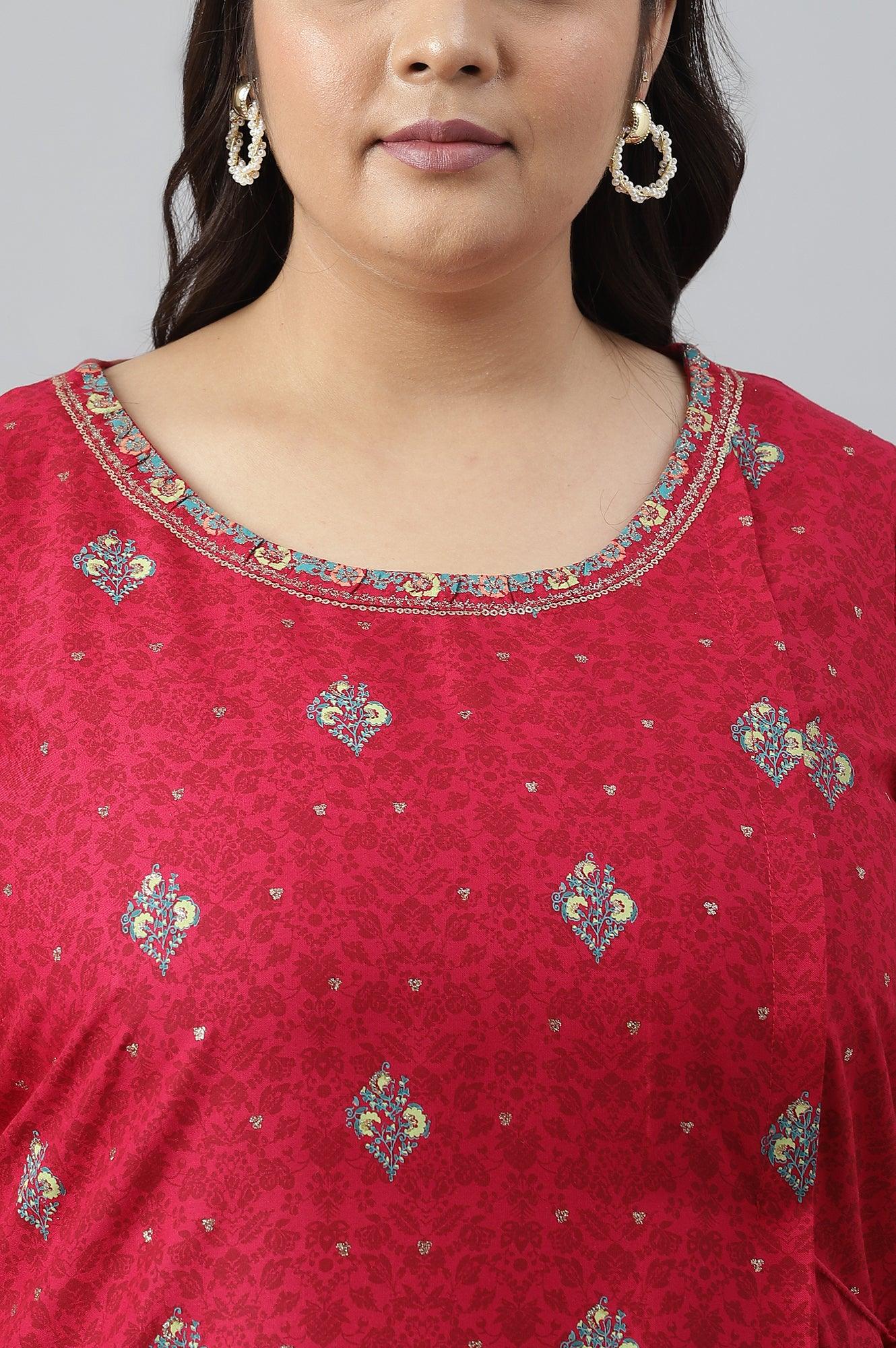 Fuchsia Pink Floral Printed Plus Size kurta With Sequins - wforwoman