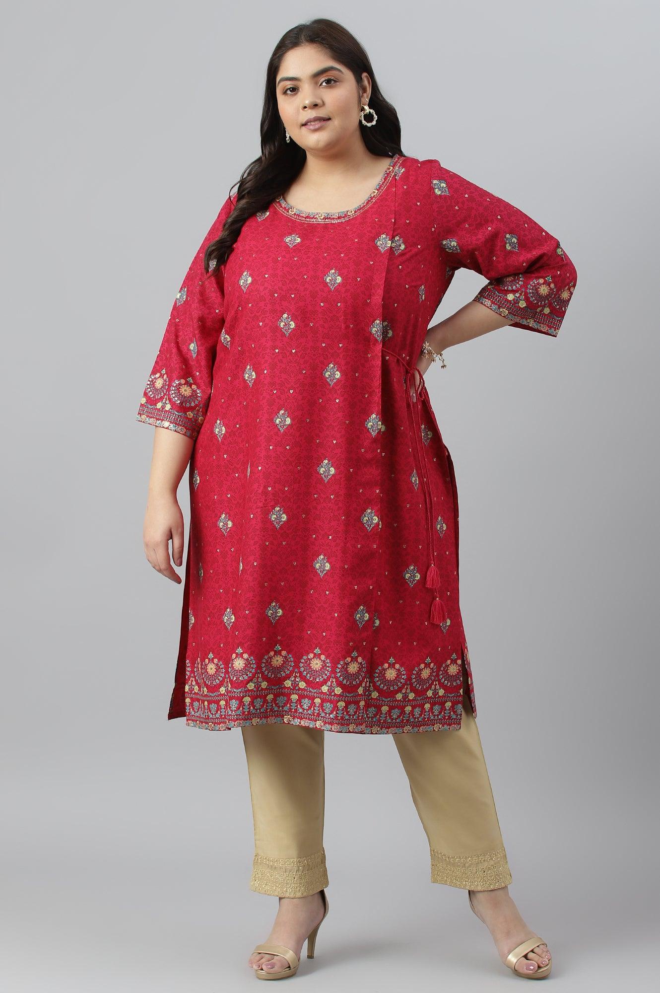 Fuchsia Pink Floral Printed Plus Size kurta With Sequins - wforwoman