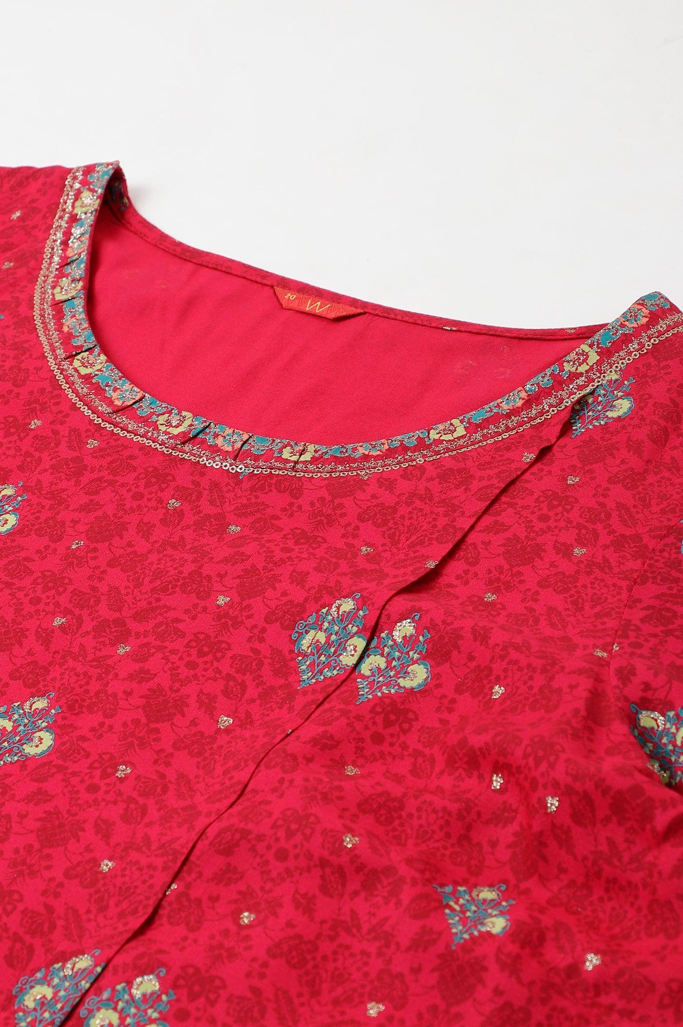 Fuchsia Pink Floral Printed Plus Size kurta With Sequins - wforwoman