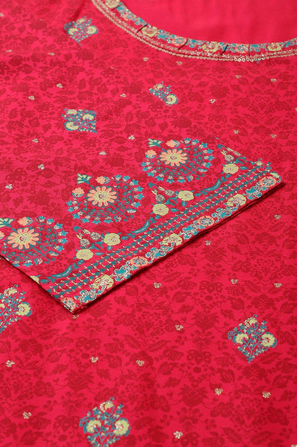 Fuchsia Pink Floral Printed Plus Size kurta With Sequins