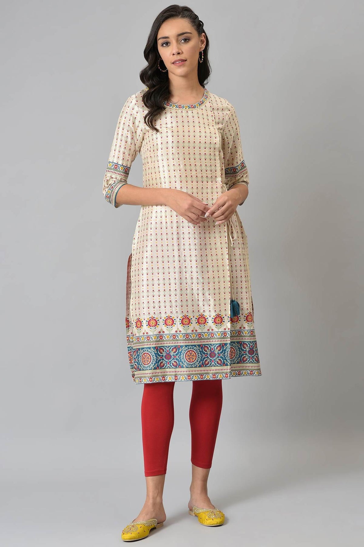 Ecru Floral Printed Sequined kurta - XS