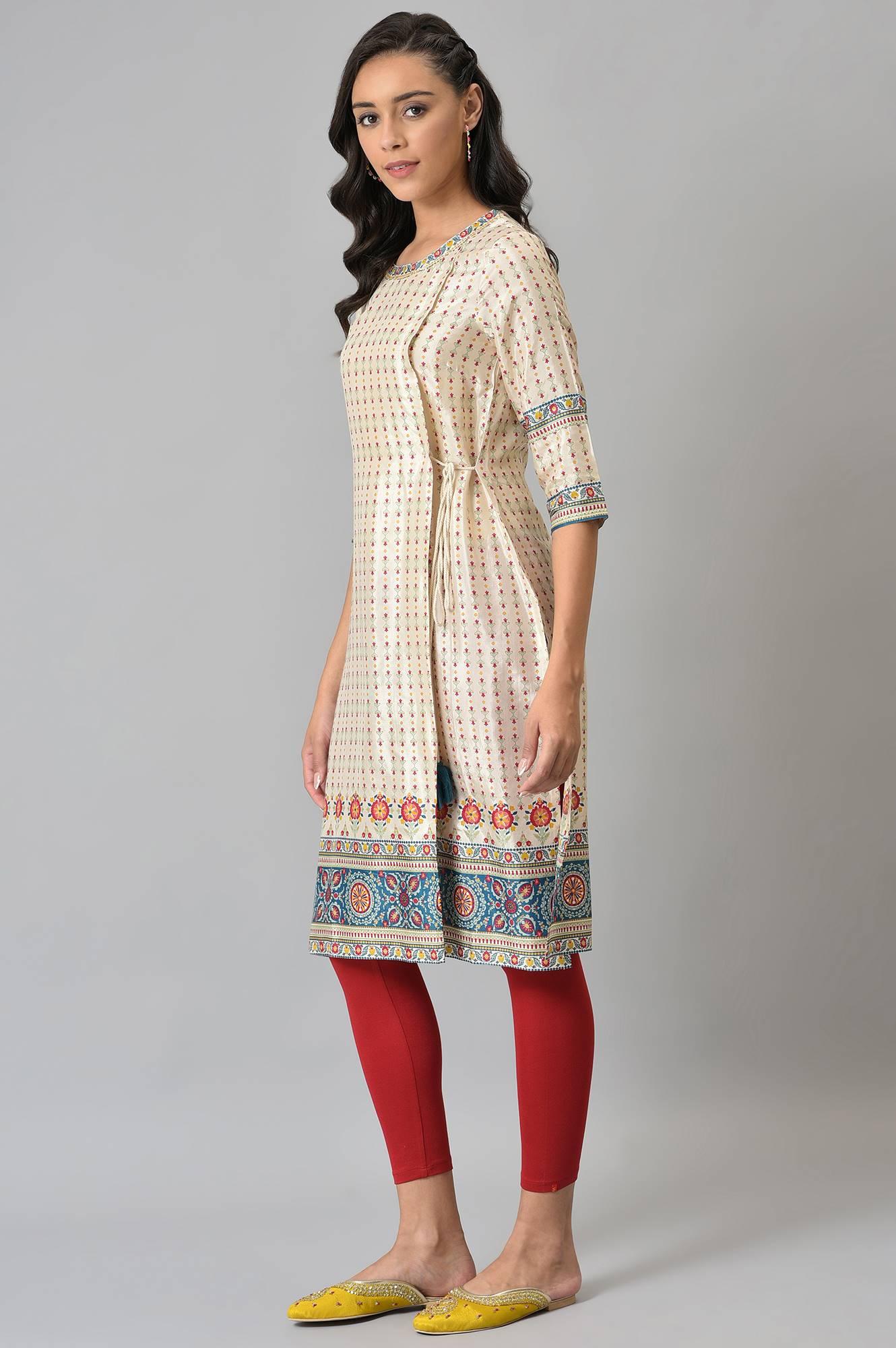 Ecru Floral Printed Sequined kurta - wforwoman
