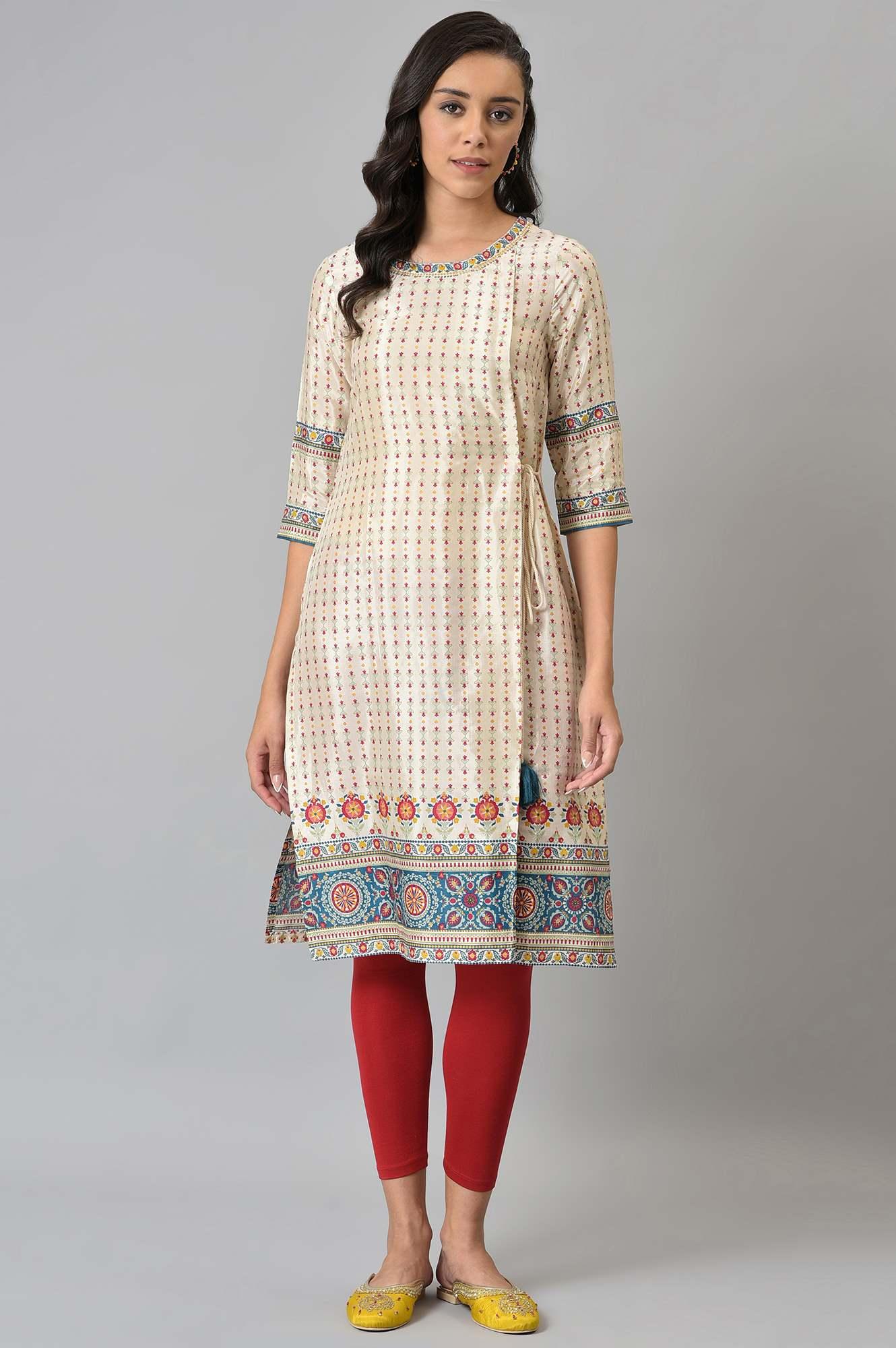 Ecru Floral Printed Sequined kurta - wforwoman